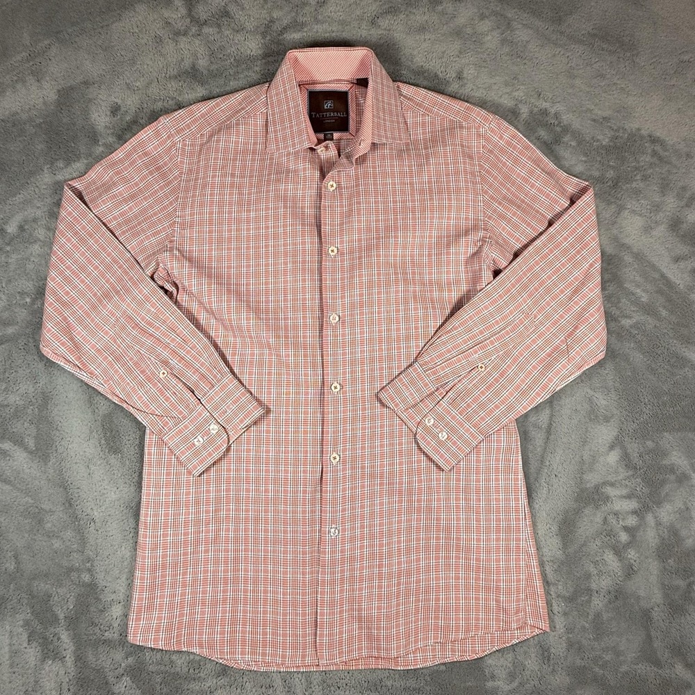 Tattersall Dress Shirt Mens Size 16 Orange Check Long Sleeve Button Up